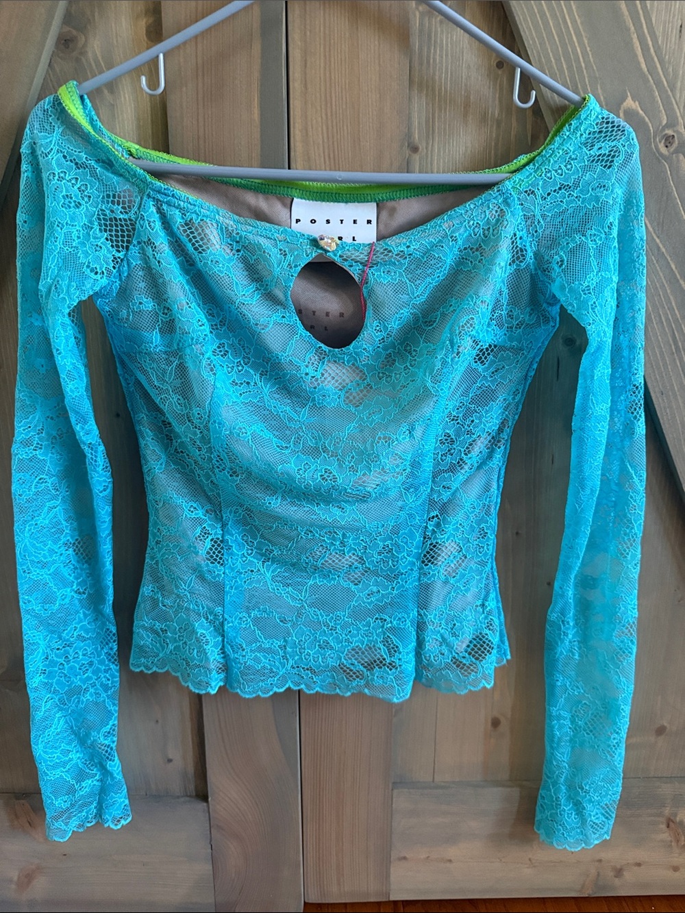Oster Teal Lace Off-Shoulder Long Sleeve Top